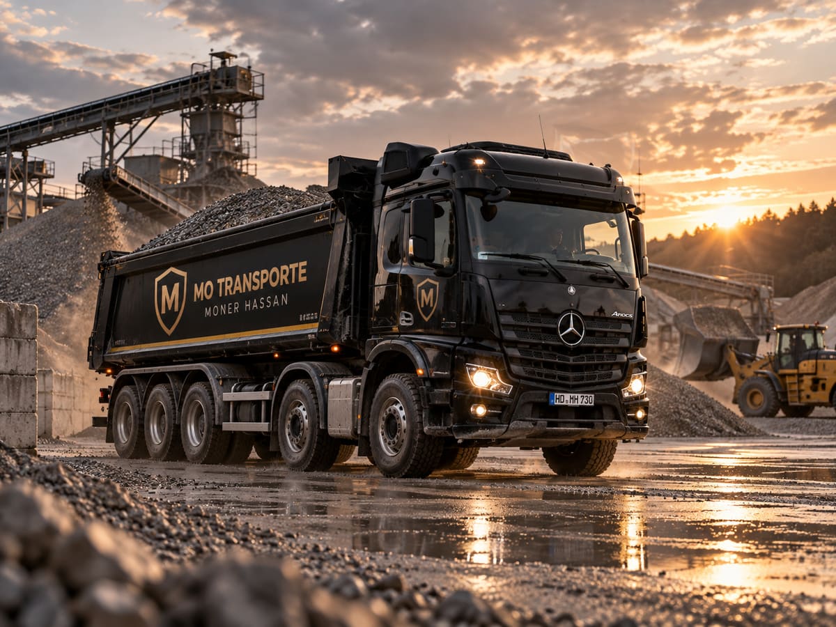 MO-Transporte-Kipper im Kieswerk vor Schüttguthalden